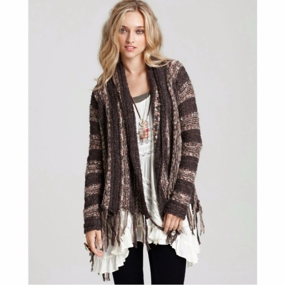 Free People Runaway Love Fringe Wrap Striped Cardigan Brown Tan Boho Cottagecore - Picture 1 of 11